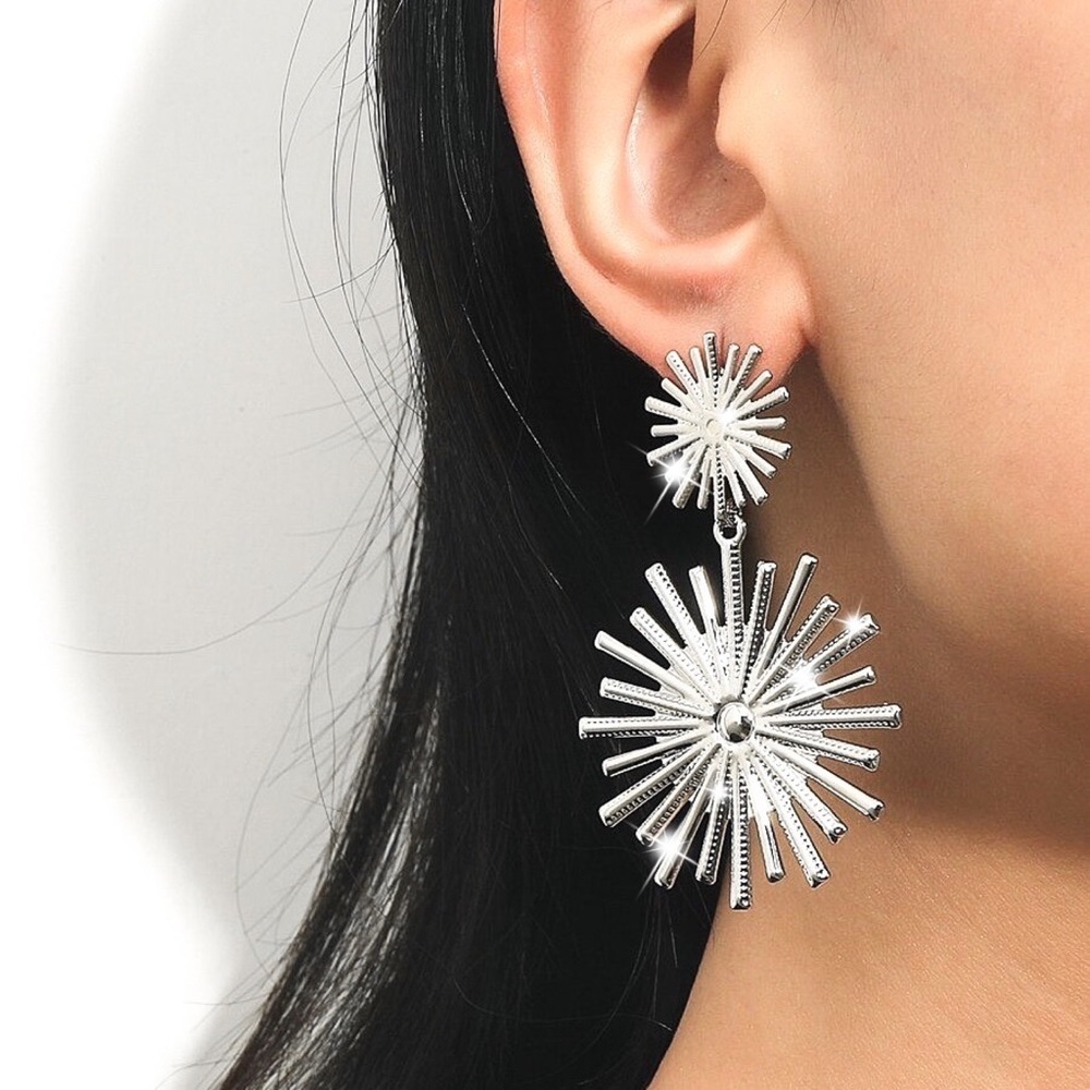 Silver Double Starburst Statement Party Drop Stud Earrings
